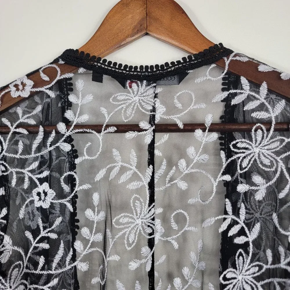 Colleen Lopez XS Duster Cardigan Kimono Embroidered Black White